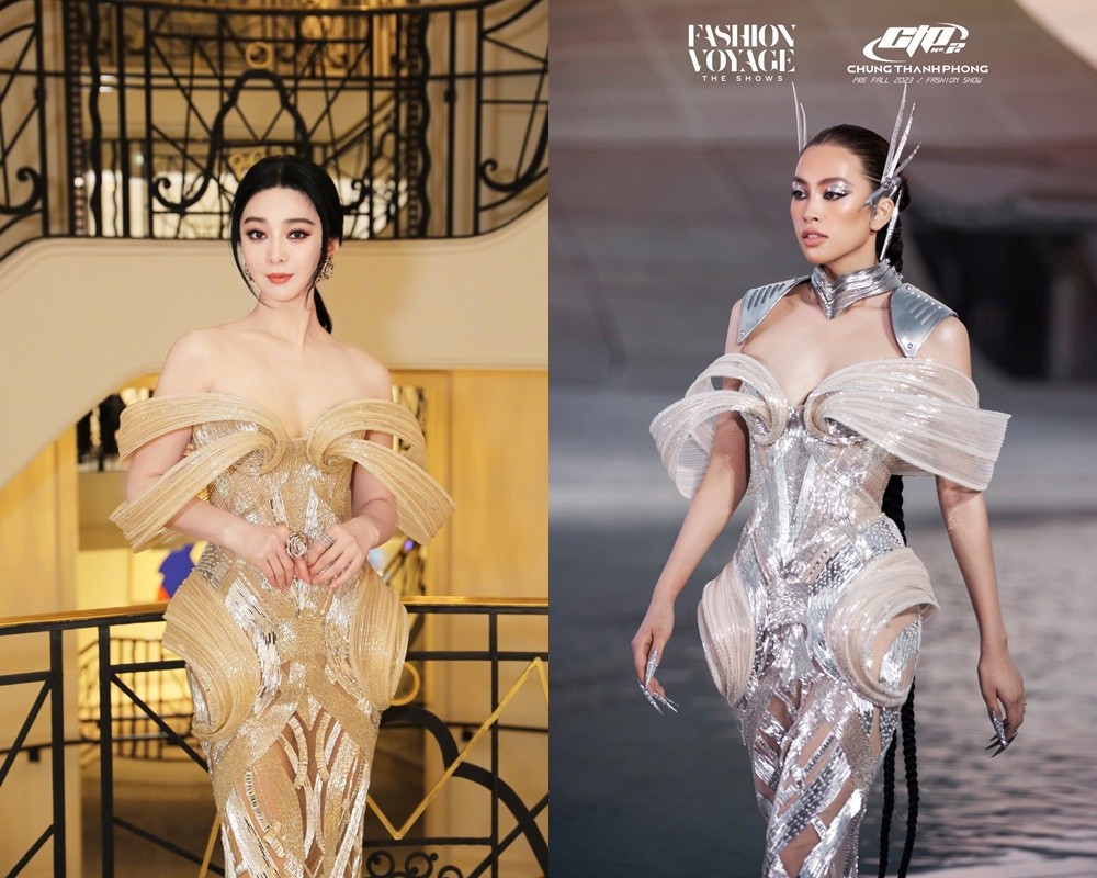 When attending the party on the evening of May 19, actress Fan chose another yellow dress also by designer Chung Thanh Phong.