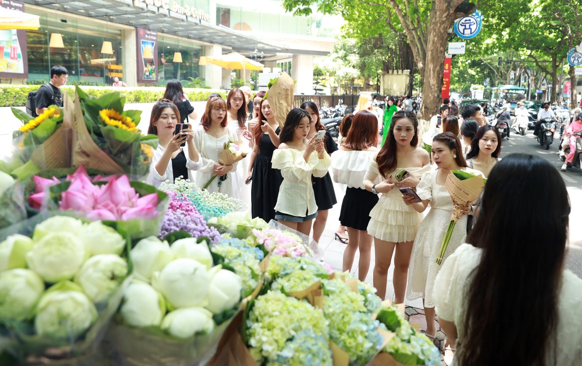 The most crowded area is the flower for sale