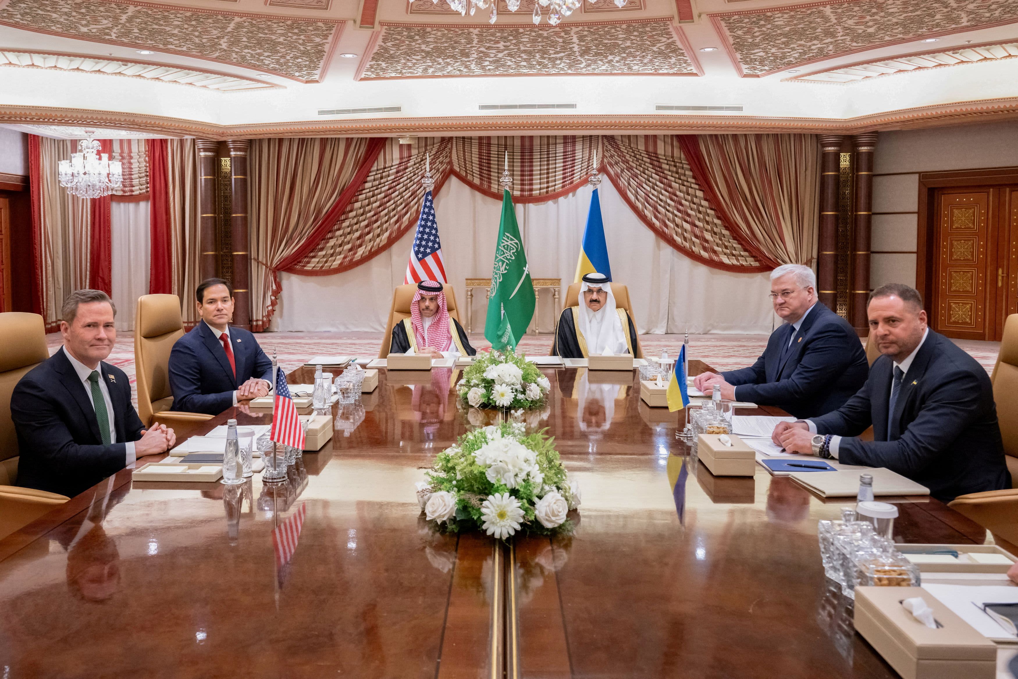 U.S Secretary of State Marco Rubio, U.S National Security Advisor Mike Waltz, Ukrainian Foreign Minister Andrii Sybiha and Ukrainian Head of Presidential Office Andriy Yermak hold a meeting in the presence of Saudi Foreign Minister Faisal bin Farhan and National Security Advisor Mosaad bin Mohammad Al-Aiban, in Jeddah, Saudi Arabia, March 11, 2025.&nbsp;